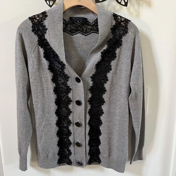 Nonoo New York Wool Lace Trim V Neck Grey Cardigan S - Picture 6 of 14